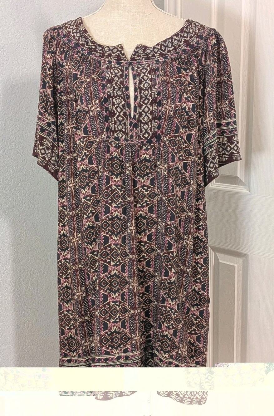 Calypso St Barth 100% Silk Tunic Dress Womens L Burgundy Gray Geometric Pockets